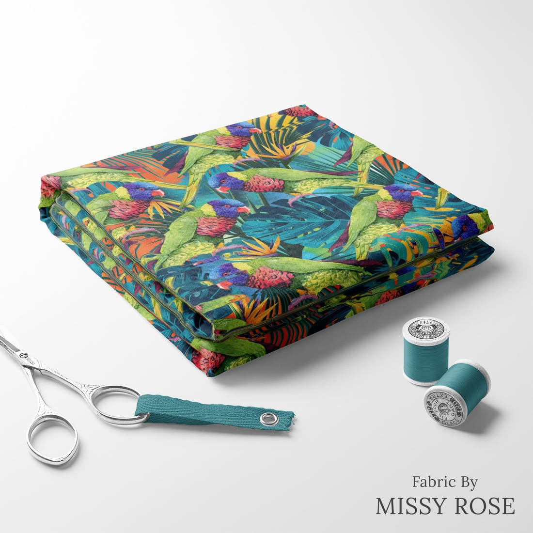 Design 78 Lorikeet Fabric folded fabric stack with matching thread – pre-order fabric Australia | Fabric by Missy Rose