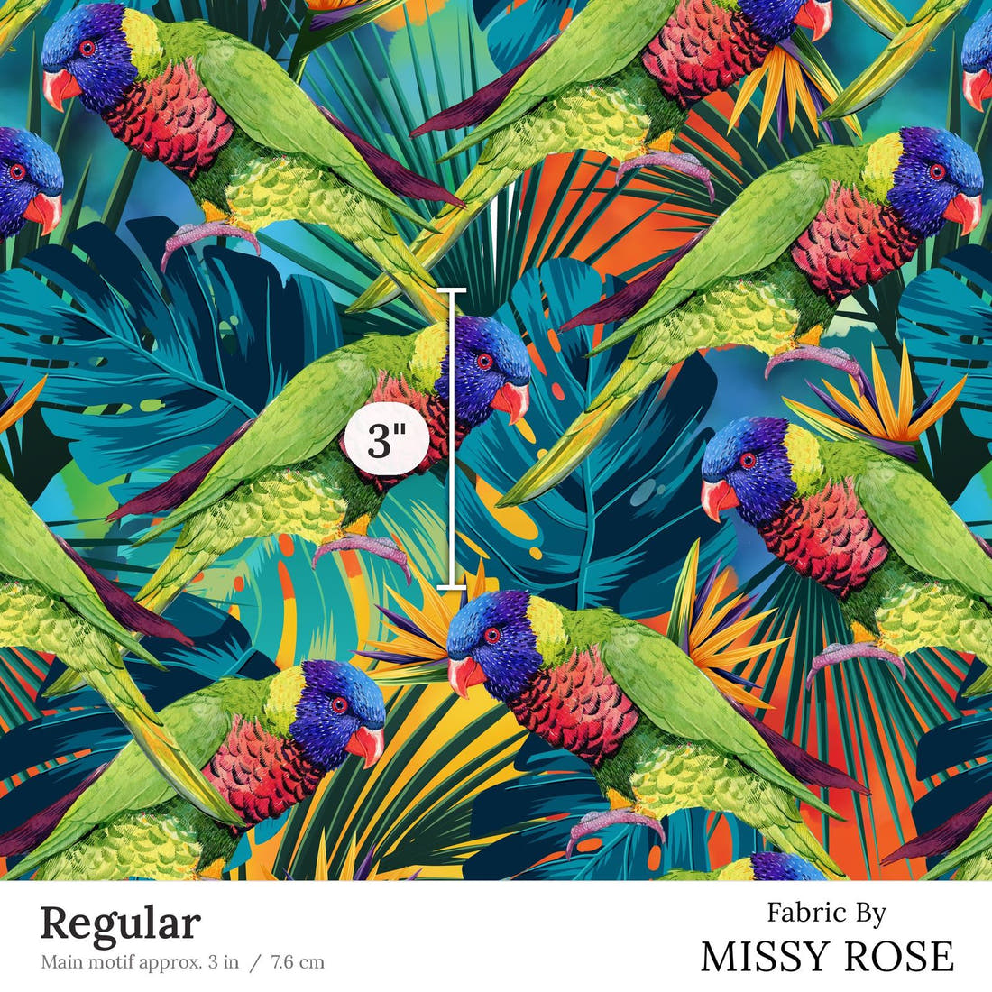 Design 78 Lorikeet Fabric Regular 3 inch print scale guide | Fabric by Missy Rose