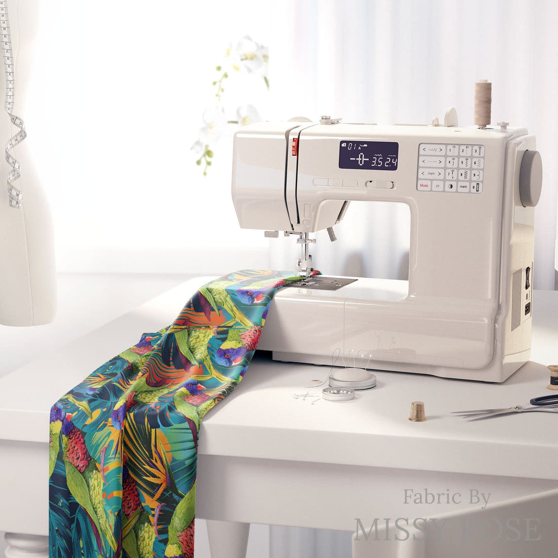 Design 78 Lorikeet Fabric on a sewing machine – premium fabric for sewing projects | Fabric by Missy Rose