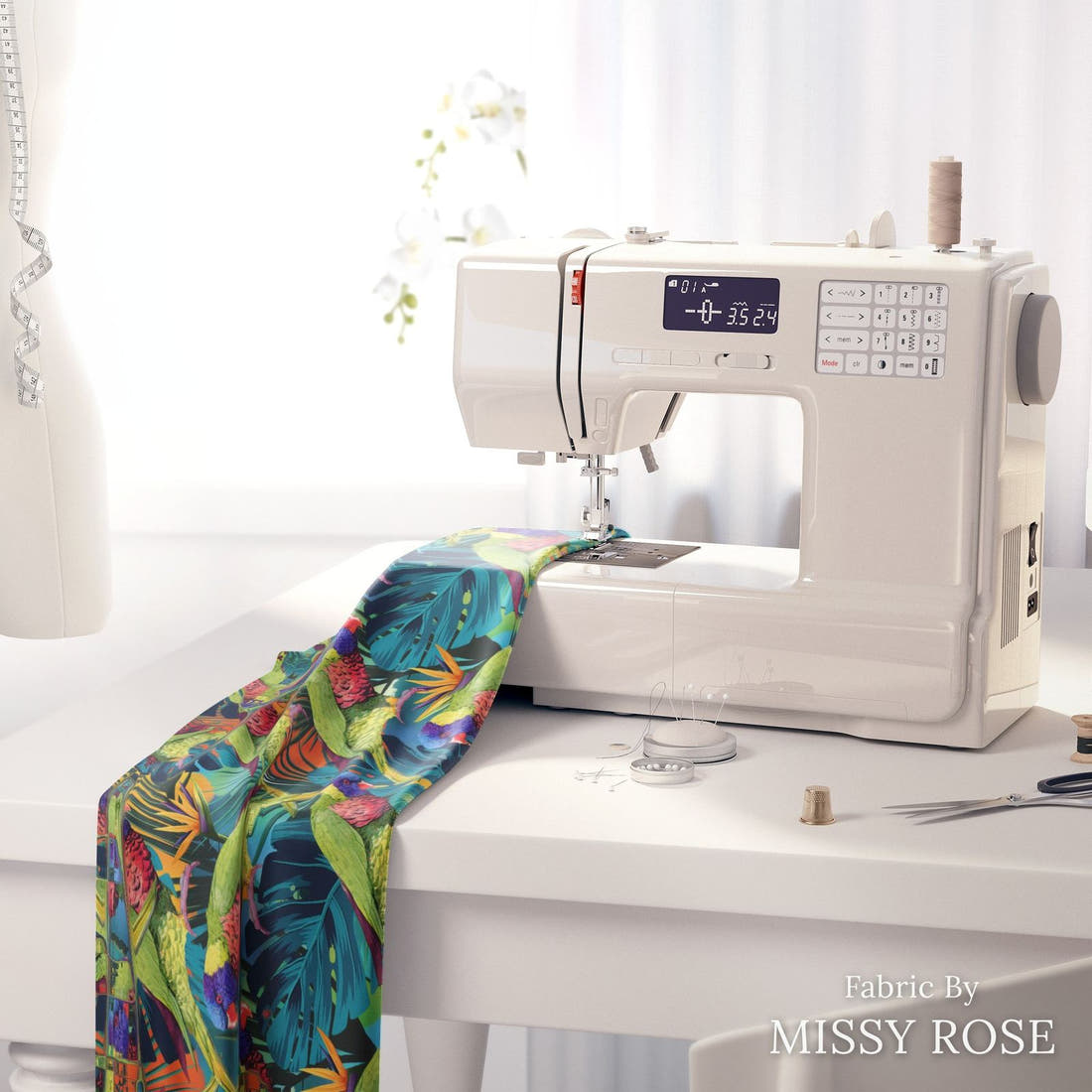 Design 78 Lorikeet Fabric on a sewing machine – premium fabric for sewing projects | Fabric by Missy Rose