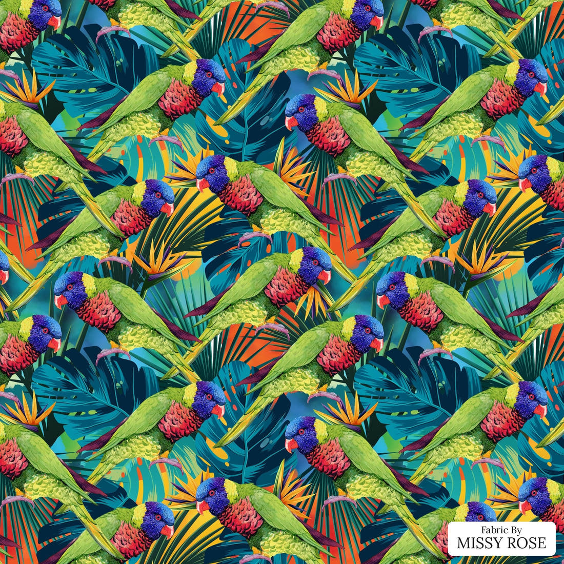 Design 78 Lorikeet Fabric - flat view of the print, zoom in for detail | Fabric by Missy Rose