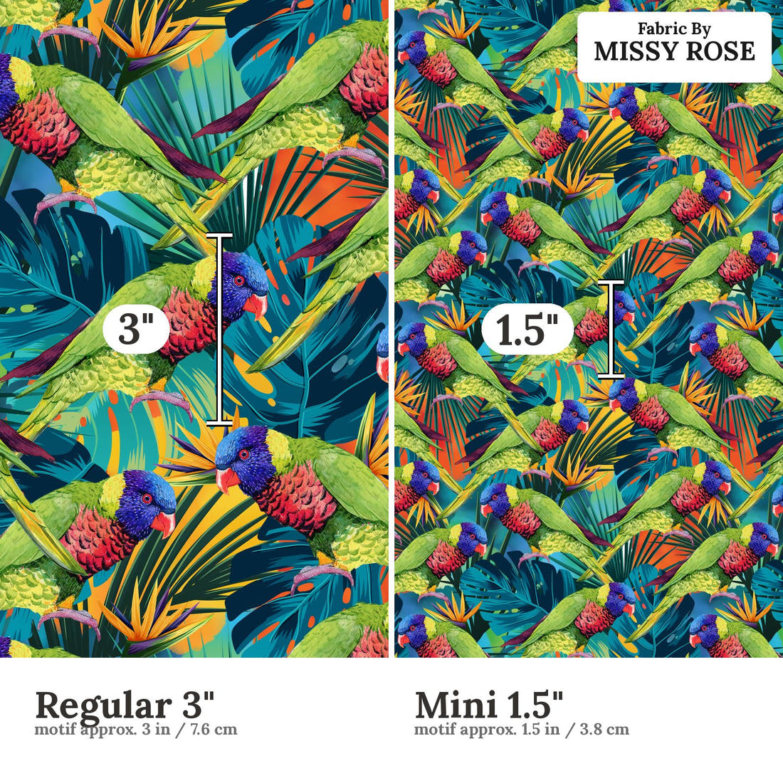 Design 78 Lorikeet Fabric size comparison - print scale | Fabric by Missy Rose