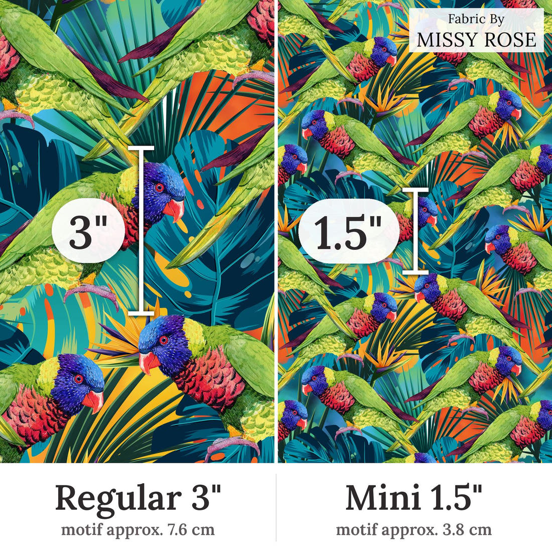Design 78 Lorikeet Fabric Regular 3 inch vs Mini 1.5 inch print scale side by side | Fabric by Missy Rose