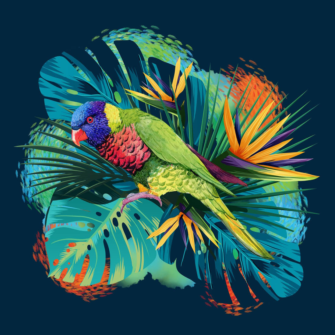 Design 78 Lorikeet Panel – full artwork close-up of the printed picture | Fabric by Missy Rose