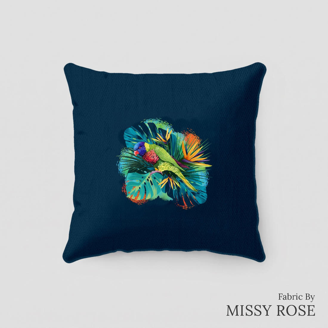 Design 78 Lorikeet Panel sewn into a cushion – see how the panel looks made up | Fabric by Missy Rose