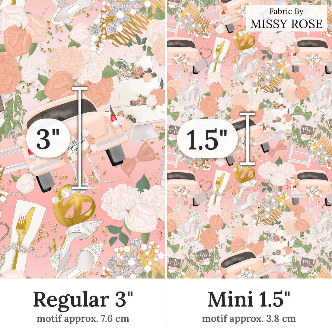 Design 79 Married Fabric Regular 3 inch vs Mini 1.5 inch print scale side by side | Fabric by Missy Rose
