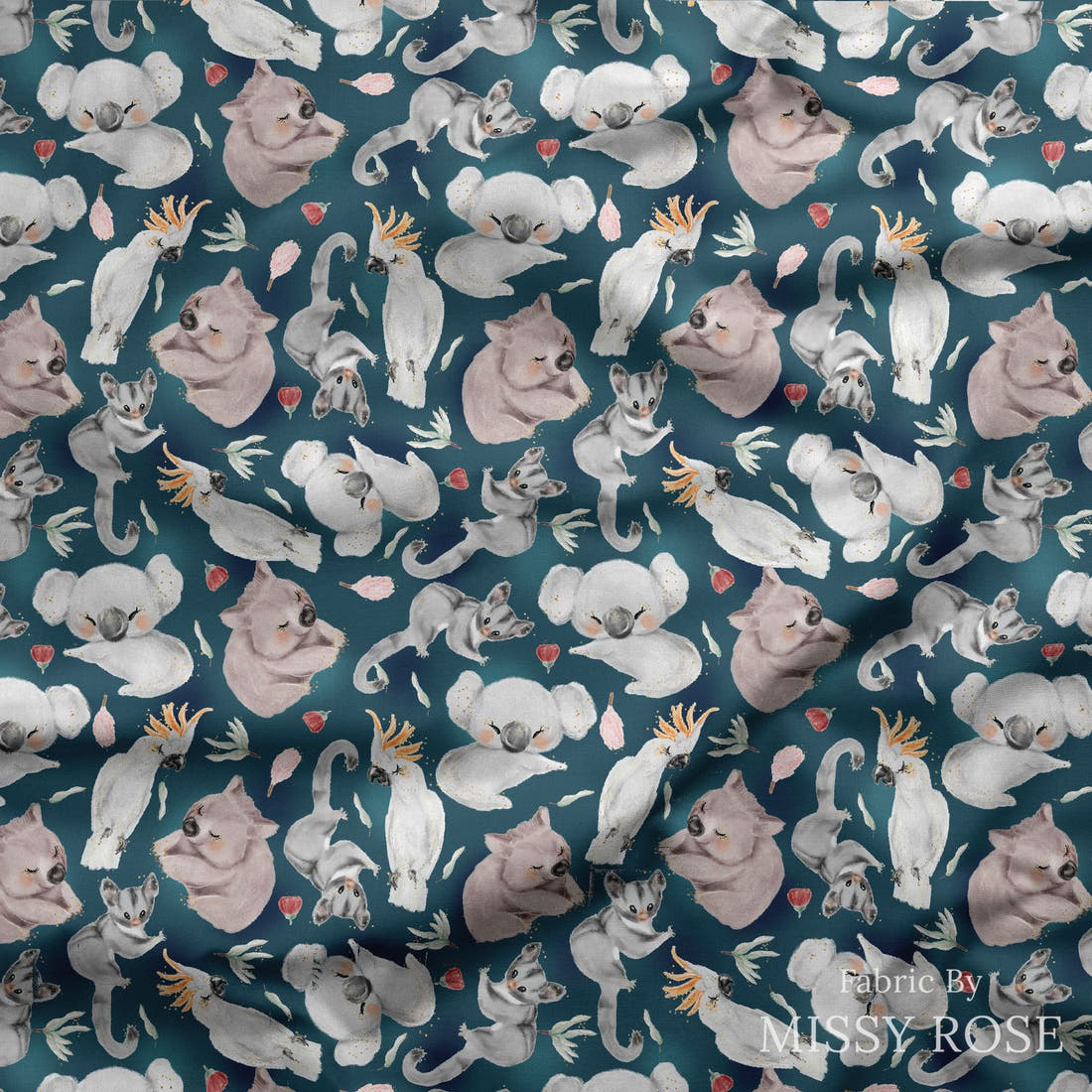 Design 8 Navy Australian Animals Fabric draped fabric mockup – custom printed fabric by the metre | Fabric by Missy Rose