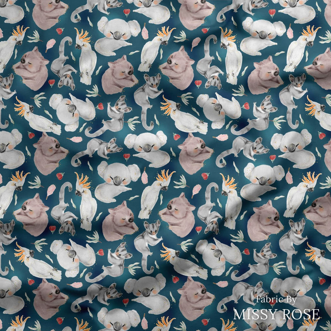 Design 8 Navy Australian Animals Fabric draped fabric mockup – custom printed fabric by the metre | Fabric by Missy Rose