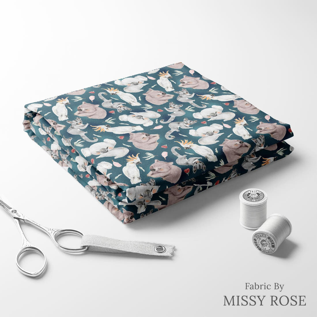 Design 8 Navy Australian Animals Fabric folded fabric stack with matching thread – pre-order fabric Australia | Fabric by Missy Rose