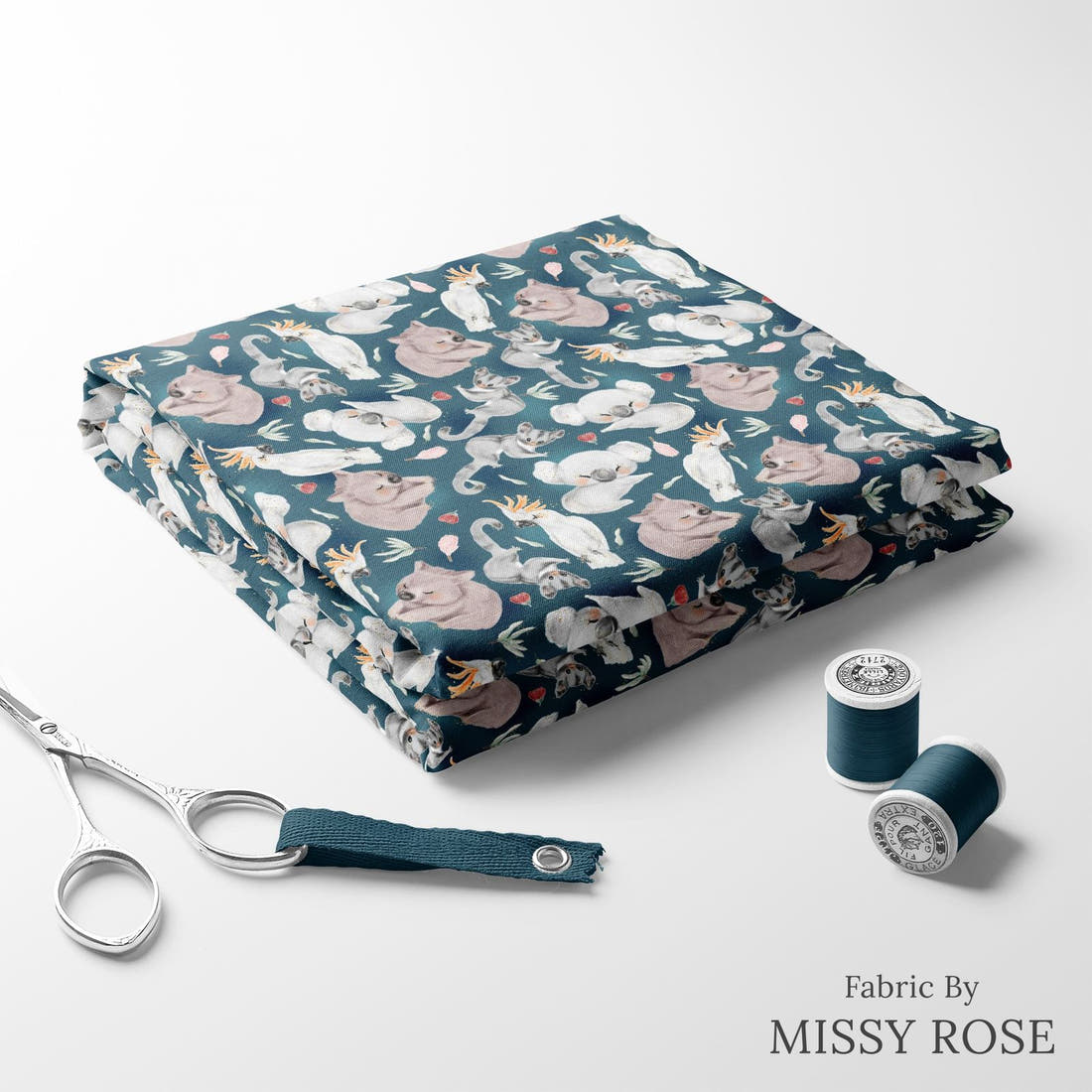 Design 8 Navy Australian Animals Fabric folded fabric stack with matching thread – pre-order fabric Australia | Fabric by Missy Rose