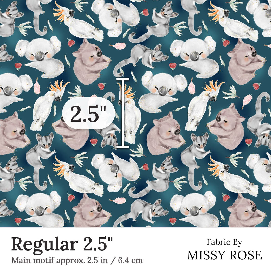 Design 8 Navy Australian Animals Fabric Regular 2.5 inch print scale guide | Fabric by Missy Rose