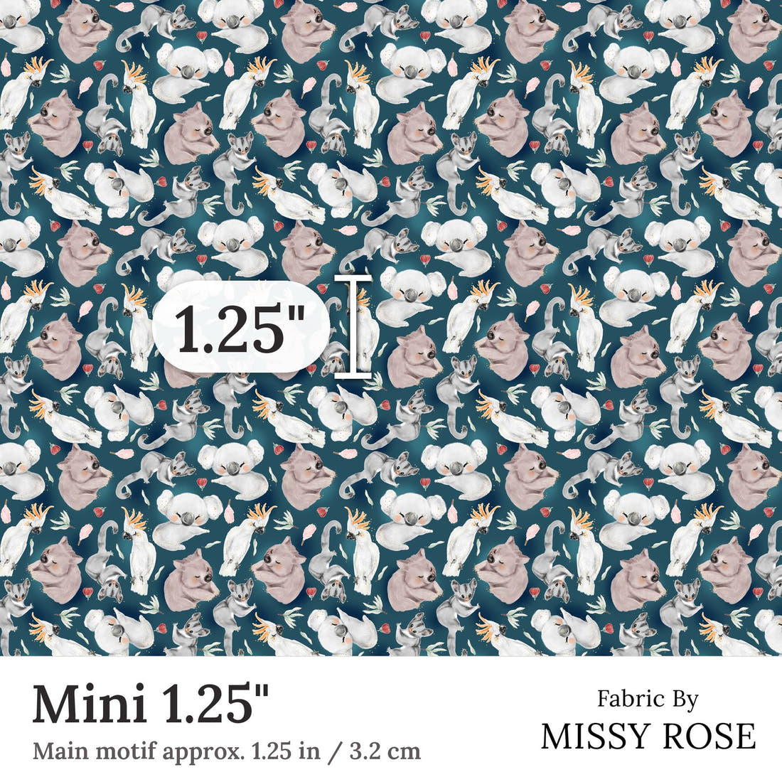Design 8 Navy Australian Animals Fabric Mini 1.25 inch print scale guide | Fabric by Missy Rose