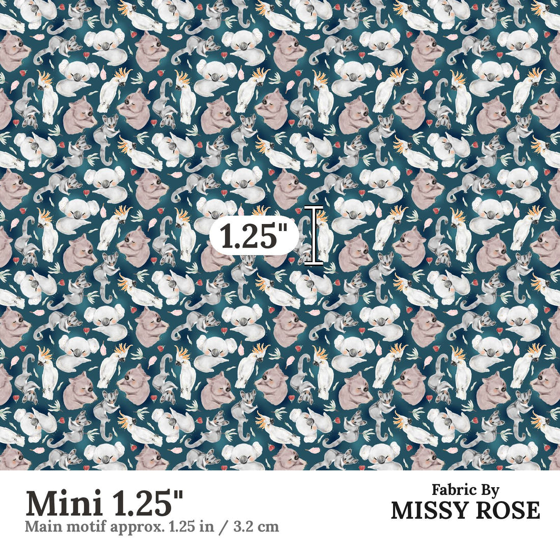Design 8 Navy Australian Animals Fabric Mini 1.25" - print scale | Fabric by Missy Rose
