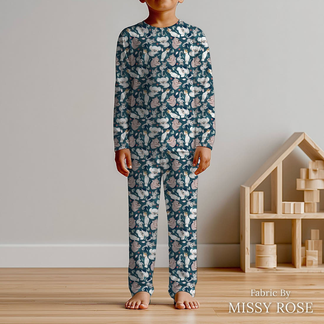 Design 8 Navy Australian Animals Fabric sewn into kids' pyjamas – see how the print looks made up | Fabric by Missy Rose