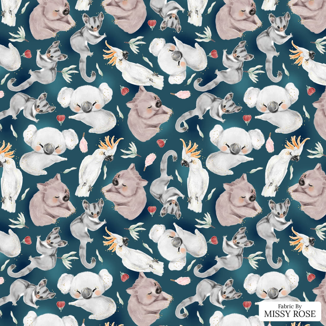 Design 8 Navy Australian Animals Fabric - flat view of the print, zoom in for detail | Fabric by Missy Rose