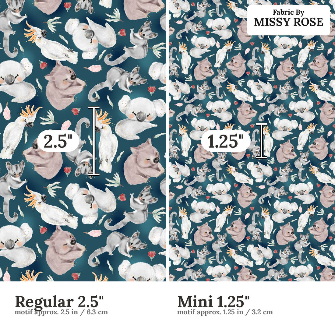 Design 8 Navy Australian Animals Fabric size comparison - print scale | Fabric by Missy Rose