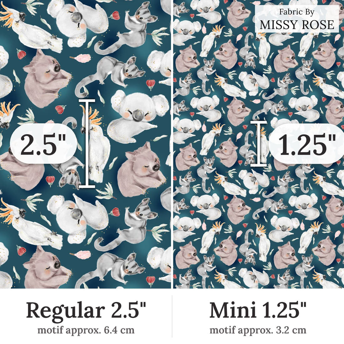 Design 8 Navy Australian Animals Fabric Regular 2.5 inch vs Mini 1.25 inch print scale side by side | Fabric by Missy Rose