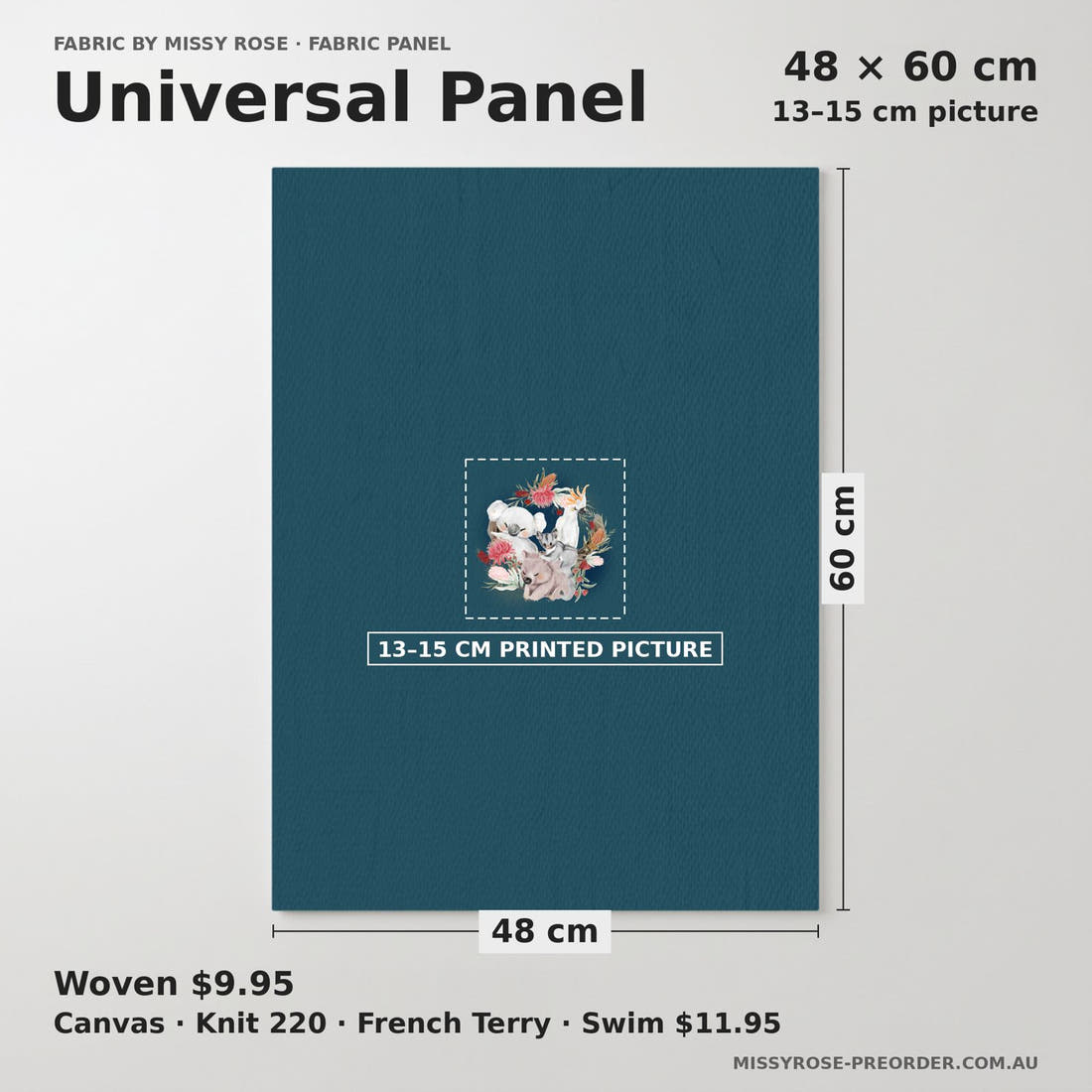 Design 8 Navy Australian Animals Panel universal panel sizing – 13–15 cm printed picture on 48 × 60 cm fabric | Fabric by Missy Rose