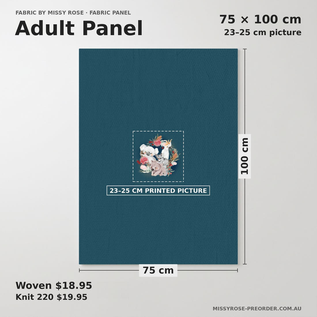 Design 8 Navy Australian Animals Panel adult panel sizing – 23–25 cm printed picture on 75 × 100 cm fabric | Fabric by Missy Rose