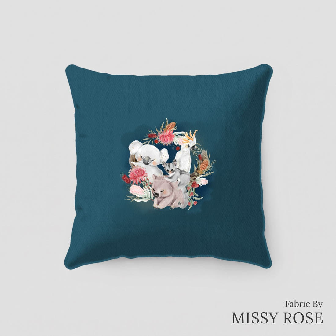 Design 8 Navy Australian Animals Panel sewn into a cushion – see how the panel looks made up | Fabric by Missy Rose