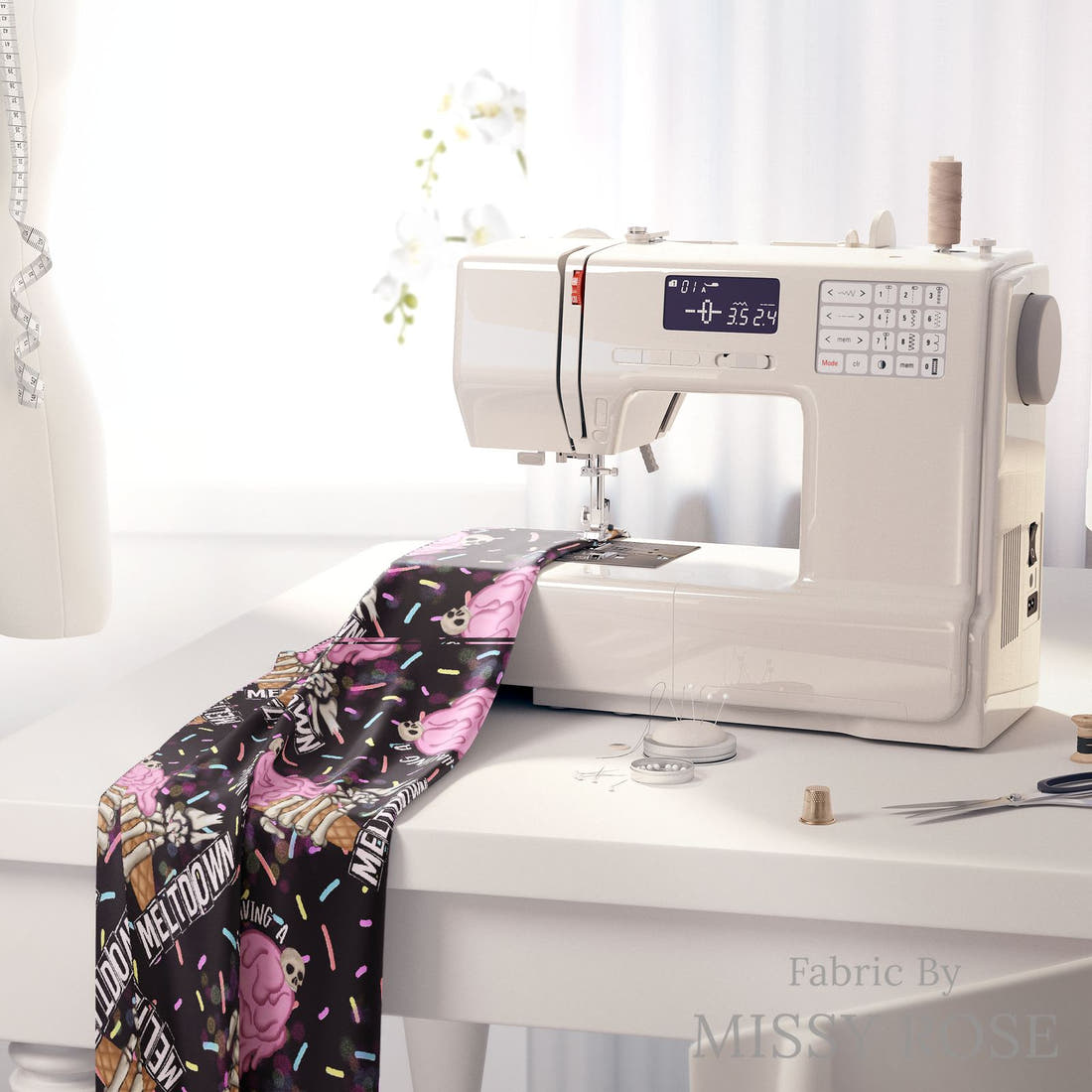 Design 80 Meltdown Fabric on a sewing machine – premium fabric for sewing projects | Fabric by Missy Rose