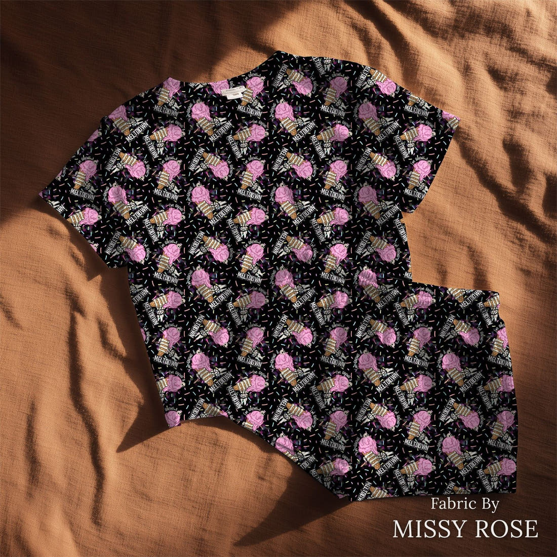 Design 80 Meltdown Fabric sewn into a lounge set – see how the print looks made up | Fabric by Missy Rose