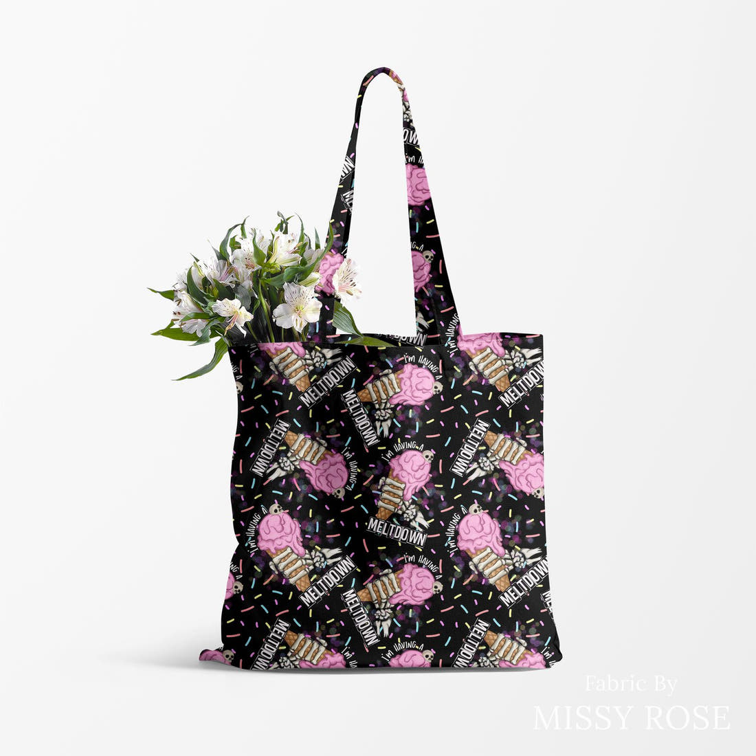 Design 80 Meltdown Fabric made up as a tote bag – see how the print looks made up | Fabric by Missy Rose