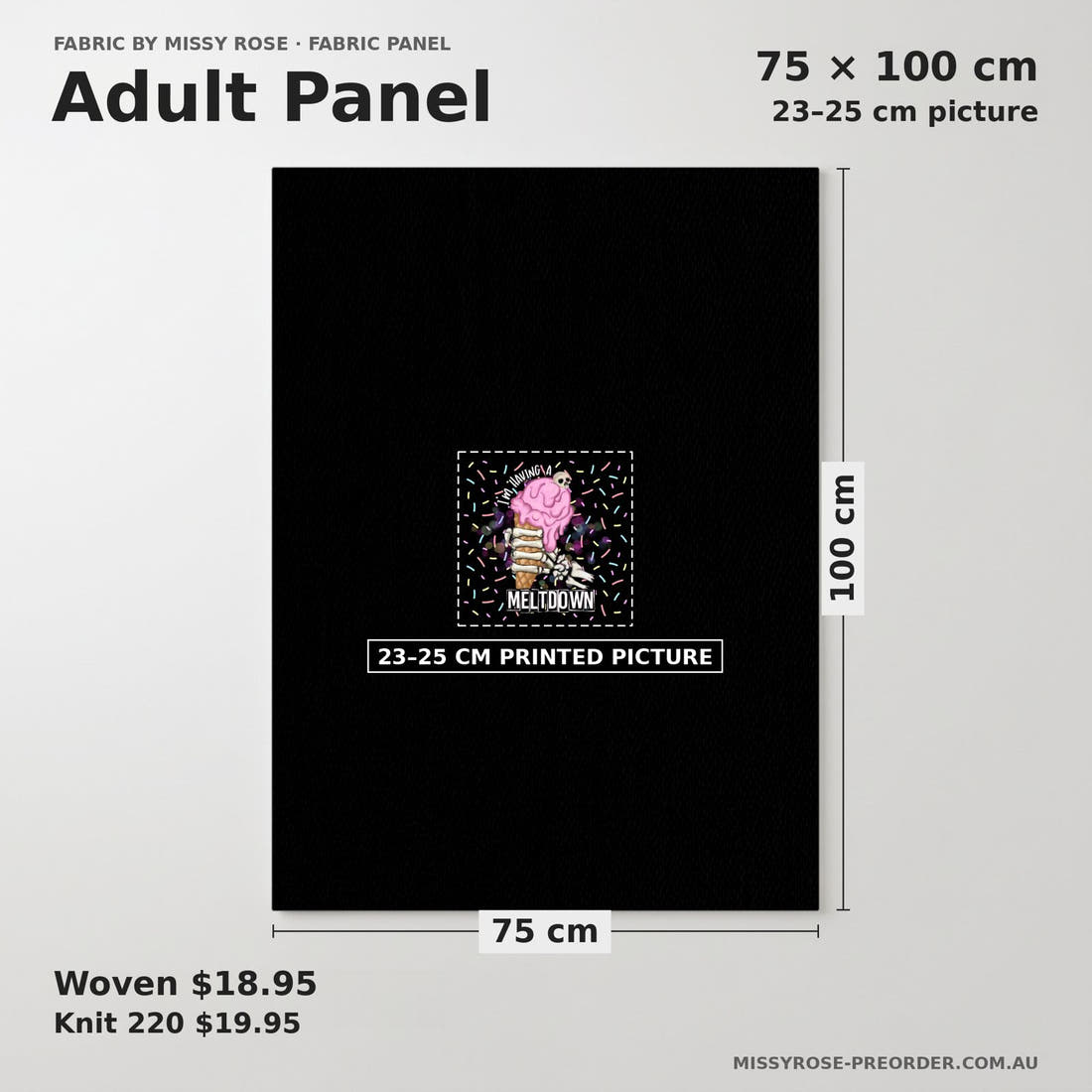 Design 80 Meltdown Panel adult panel sizing – 23–25 cm printed picture on 75 × 100 cm fabric | Fabric by Missy Rose