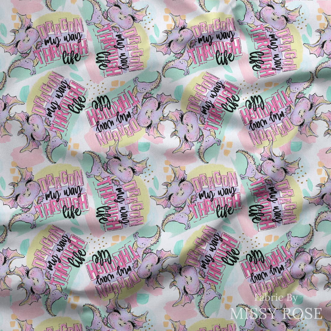 Design 800 Cheeky Dragon Fabric draped fabric mockup – custom printed fabric by the metre | Fabric by Missy Rose