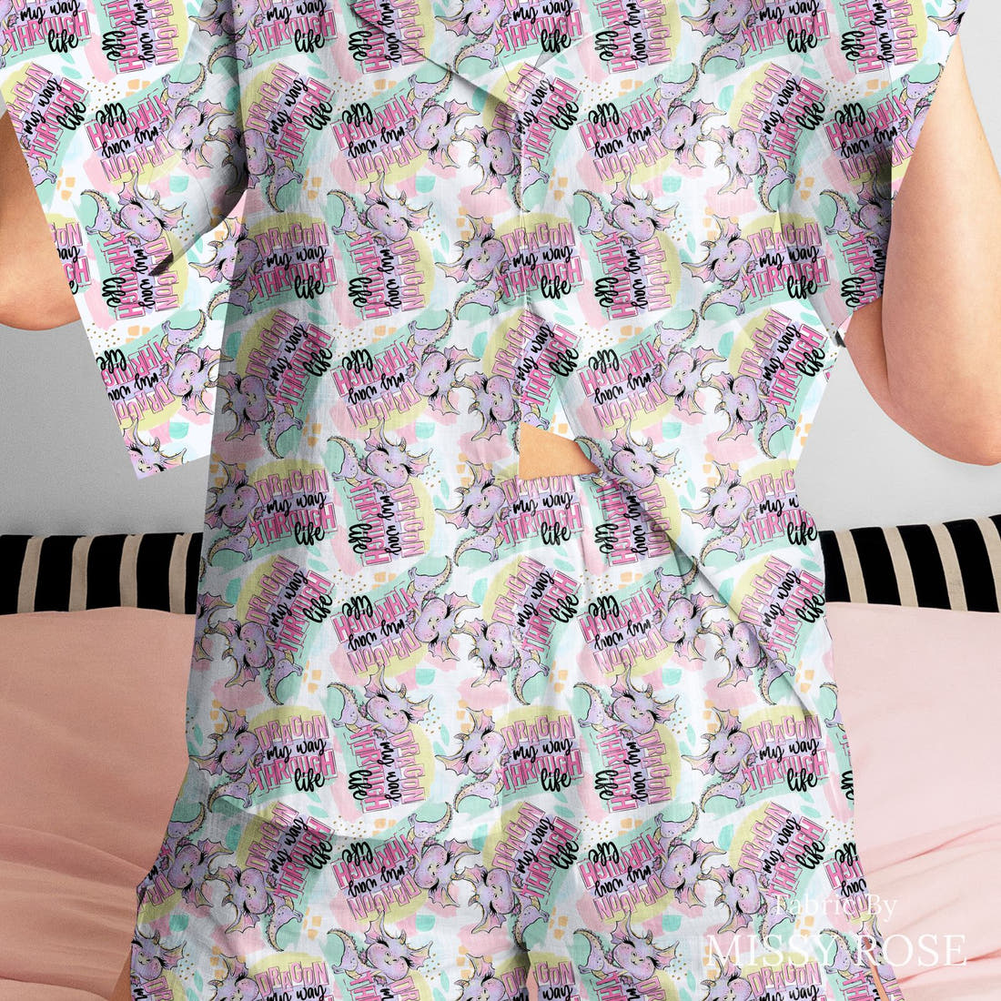 Design 800 Cheeky Dragon Fabric sewn into a women's pyjama set – see how the print looks made up | Fabric by Missy Rose