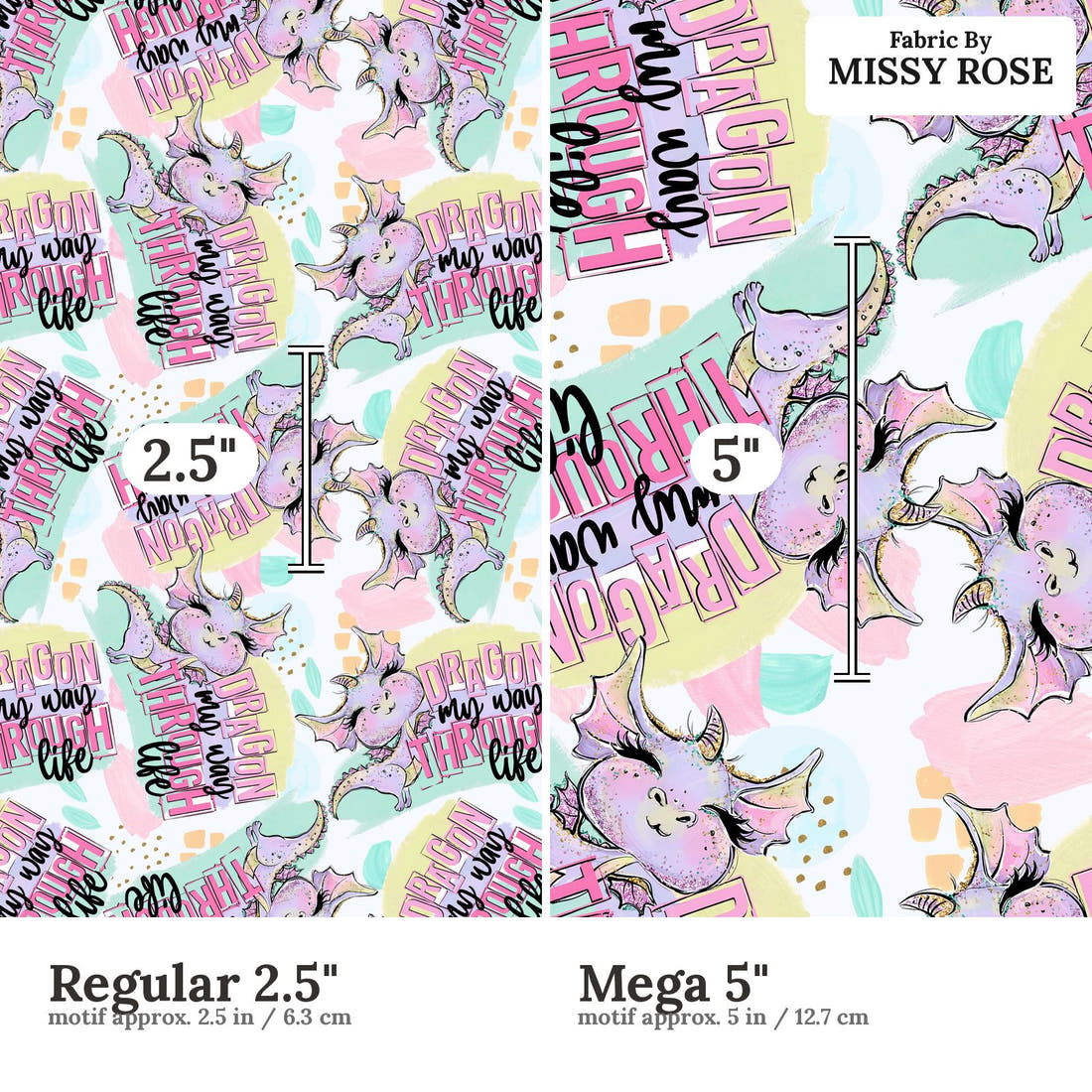 Design 800 Cheeky Dragon Fabric size comparison - print scale | Fabric by Missy Rose