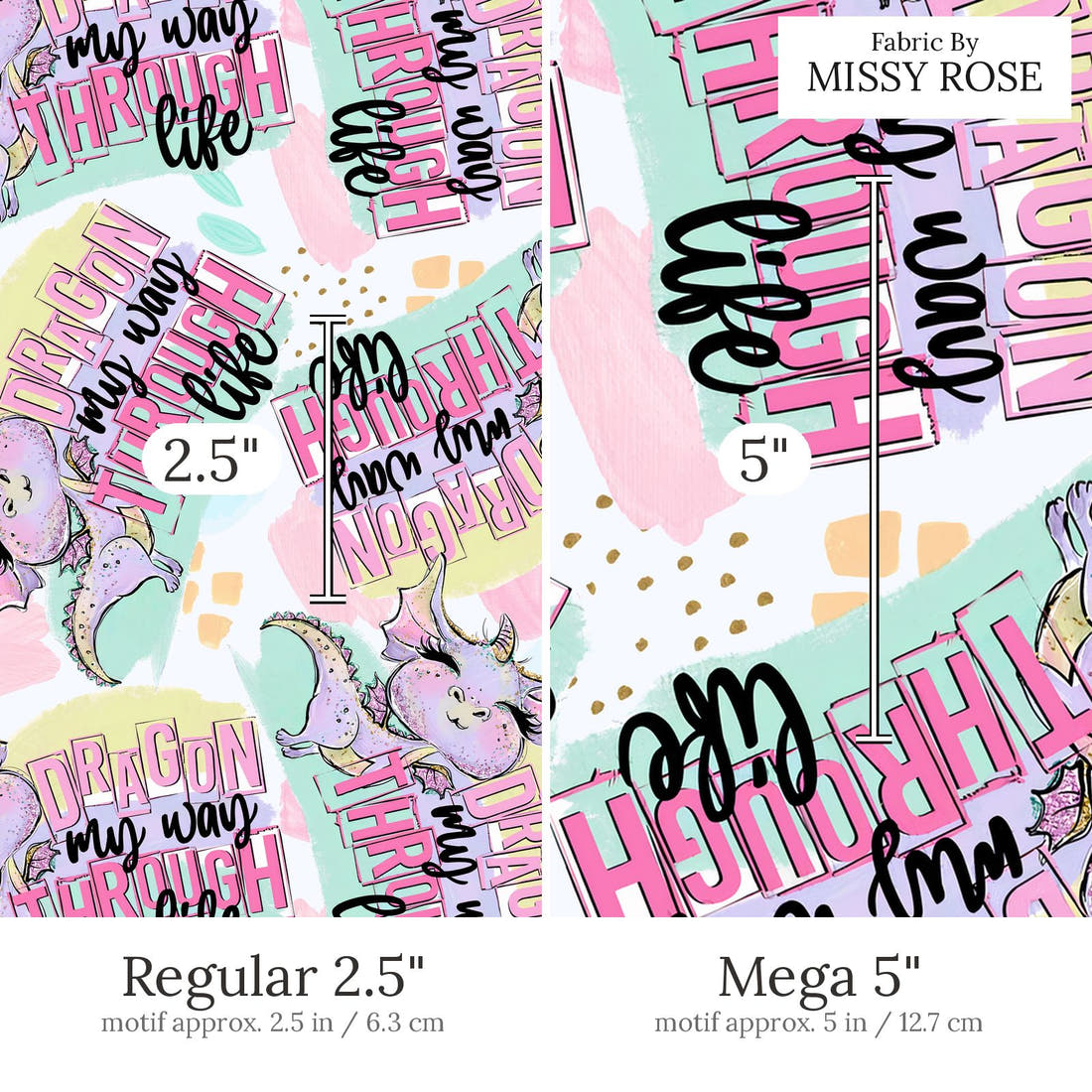Design 800 Cheeky Dragon Fabric Regular 2.5 inch vs Mega 5 inch print scale side by side | Fabric by Missy Rose