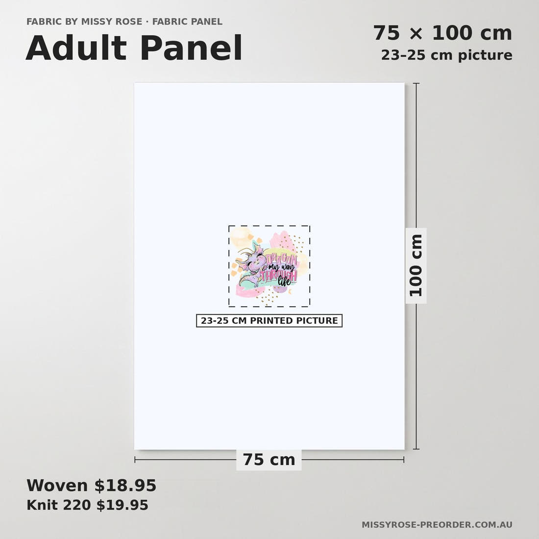 Design 800 Cheeky Dragon Panel adult panel sizing – 23–25 cm printed picture on 75 × 100 cm fabric | Fabric by Missy Rose