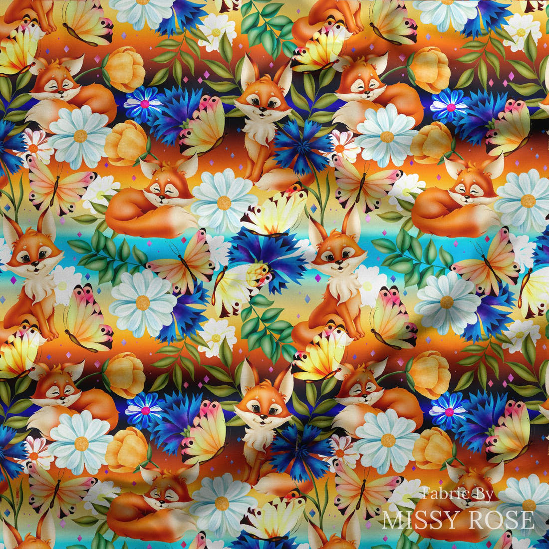 Design 801 Spring Fox Pattern draped fabric mockup – custom printed fabric by the metre | Fabric by Missy Rose