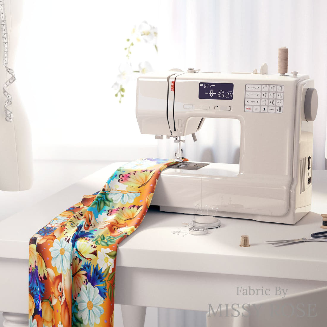 Design 801 Spring Fox Pattern on a sewing machine – premium fabric for sewing projects | Fabric by Missy Rose