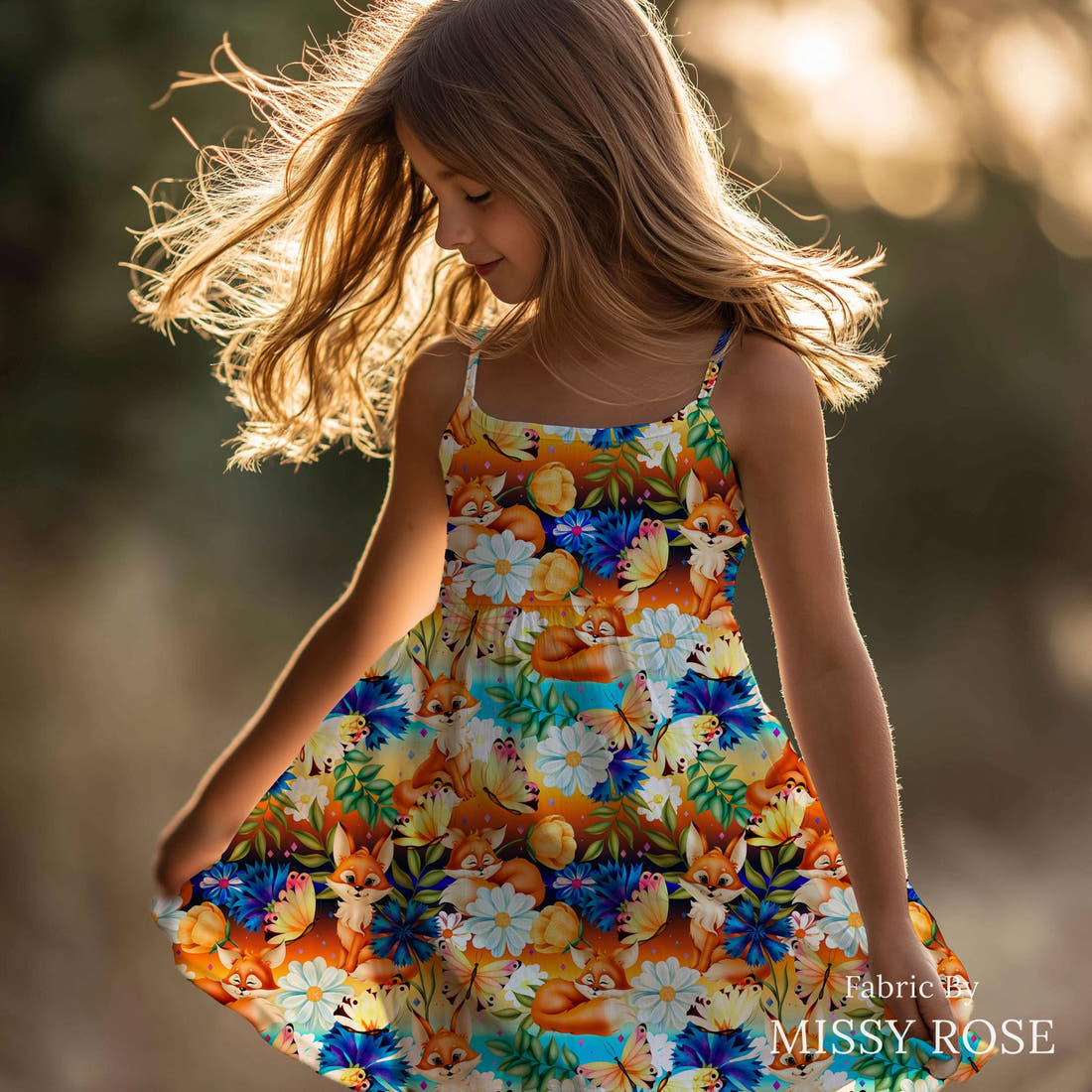 Design 801 Spring Fox Pattern sewn into a girls' dress – see how the print looks made up | Fabric by Missy Rose