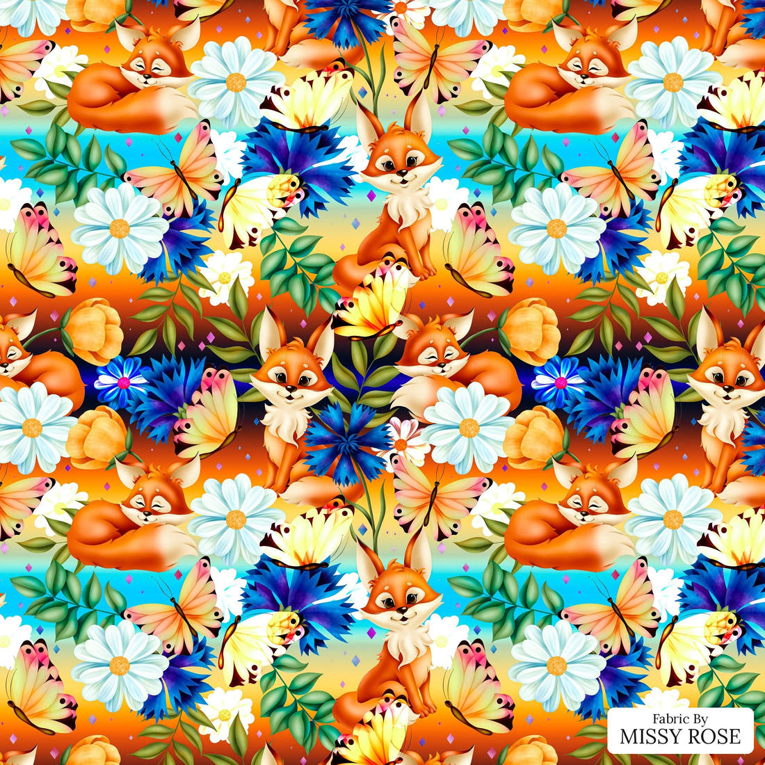 Design 801 Spring Fox Pattern - flat view of the print, zoom in for detail | Fabric by Missy Rose