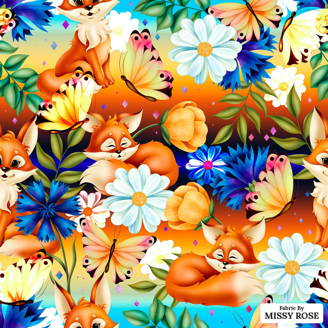 Design 801 Spring Fox Pattern - flat view of the print, zoom in for detail | Fabric by Missy Rose