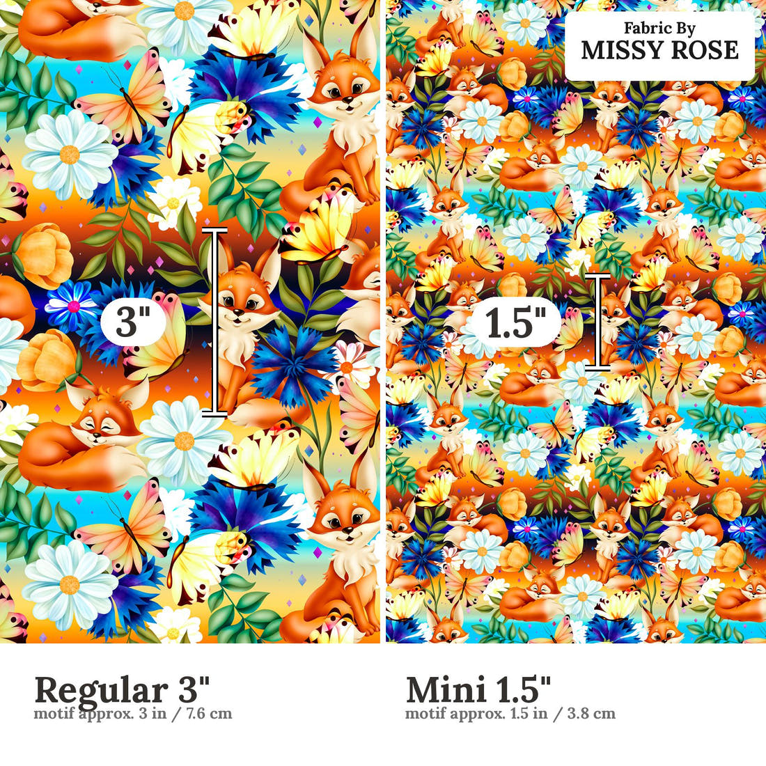 Design 801 Spring Fox Pattern size comparison - print scale | Fabric by Missy Rose