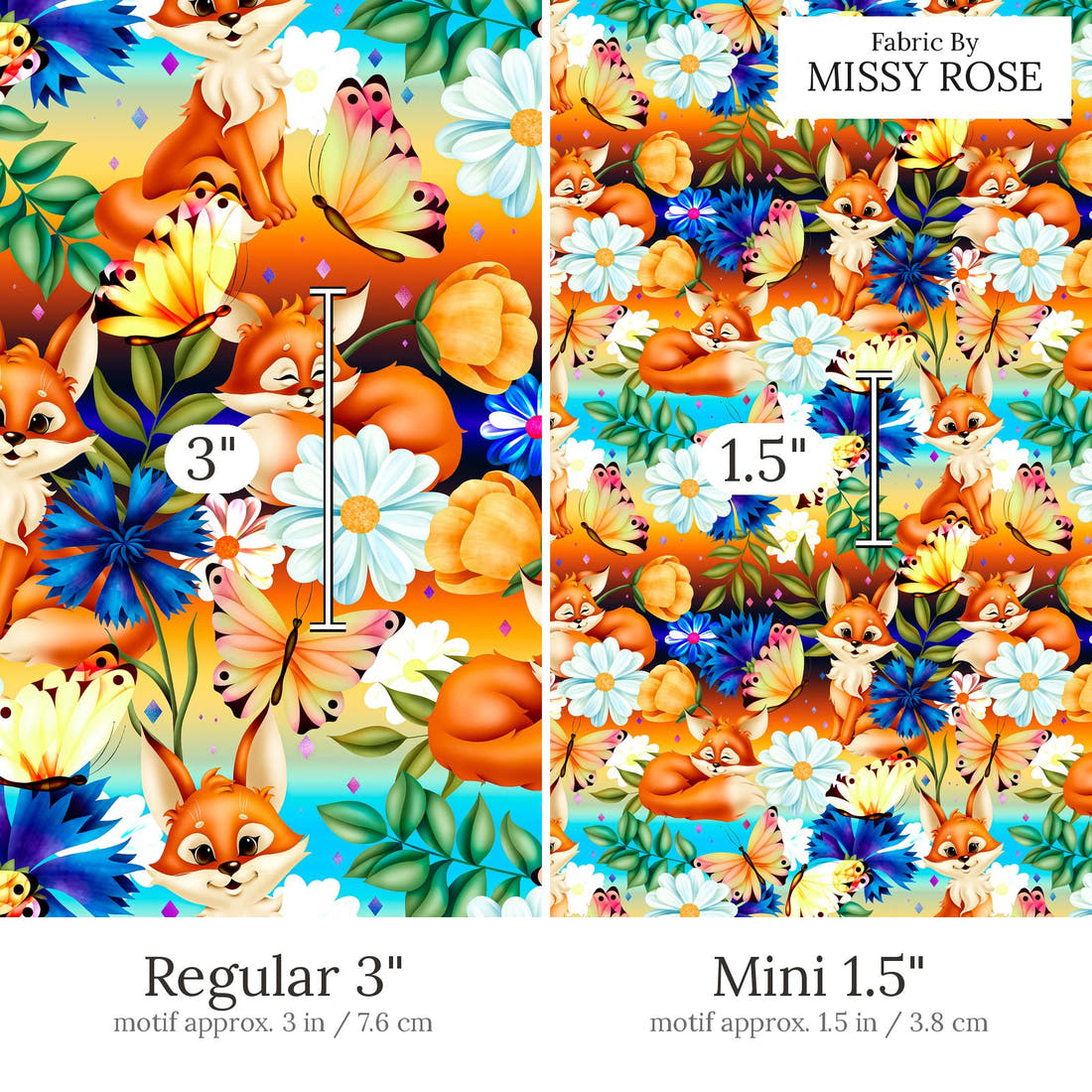 Design 801 Spring Fox Pattern Regular 3 inch vs Mini 1.5 inch print scale side by side | Fabric by Missy Rose