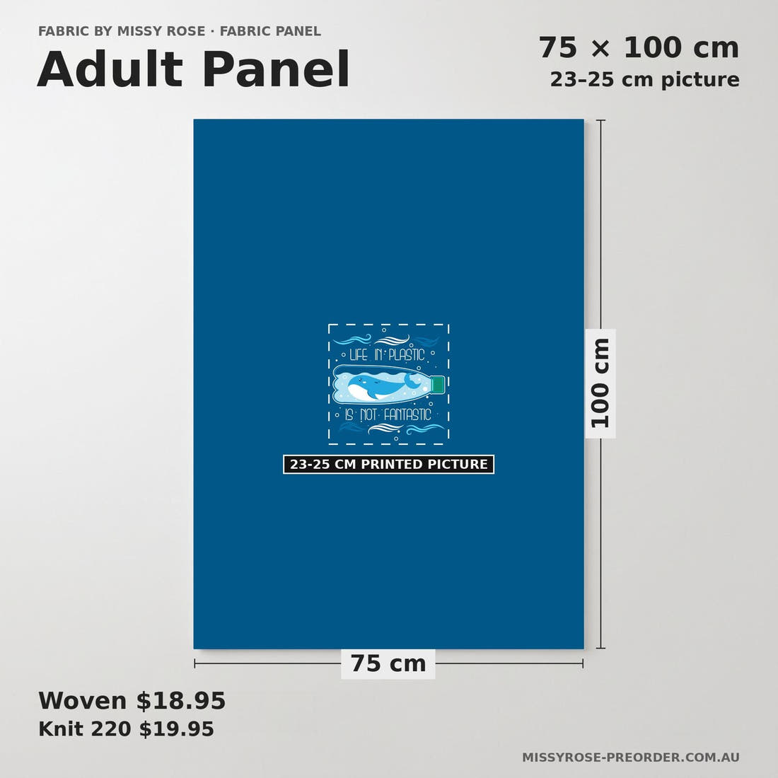 Design 802 Plastic Panel adult panel sizing – 23–25 cm printed picture on 75 × 100 cm fabric | Fabric by Missy Rose
