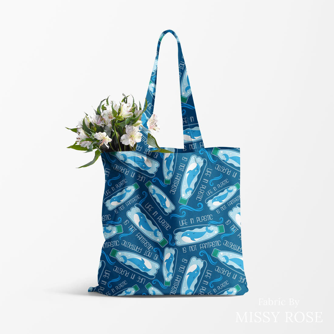 Design 802 Plastic Fabric made up as a tote bag – see how the print looks made up | Fabric by Missy Rose