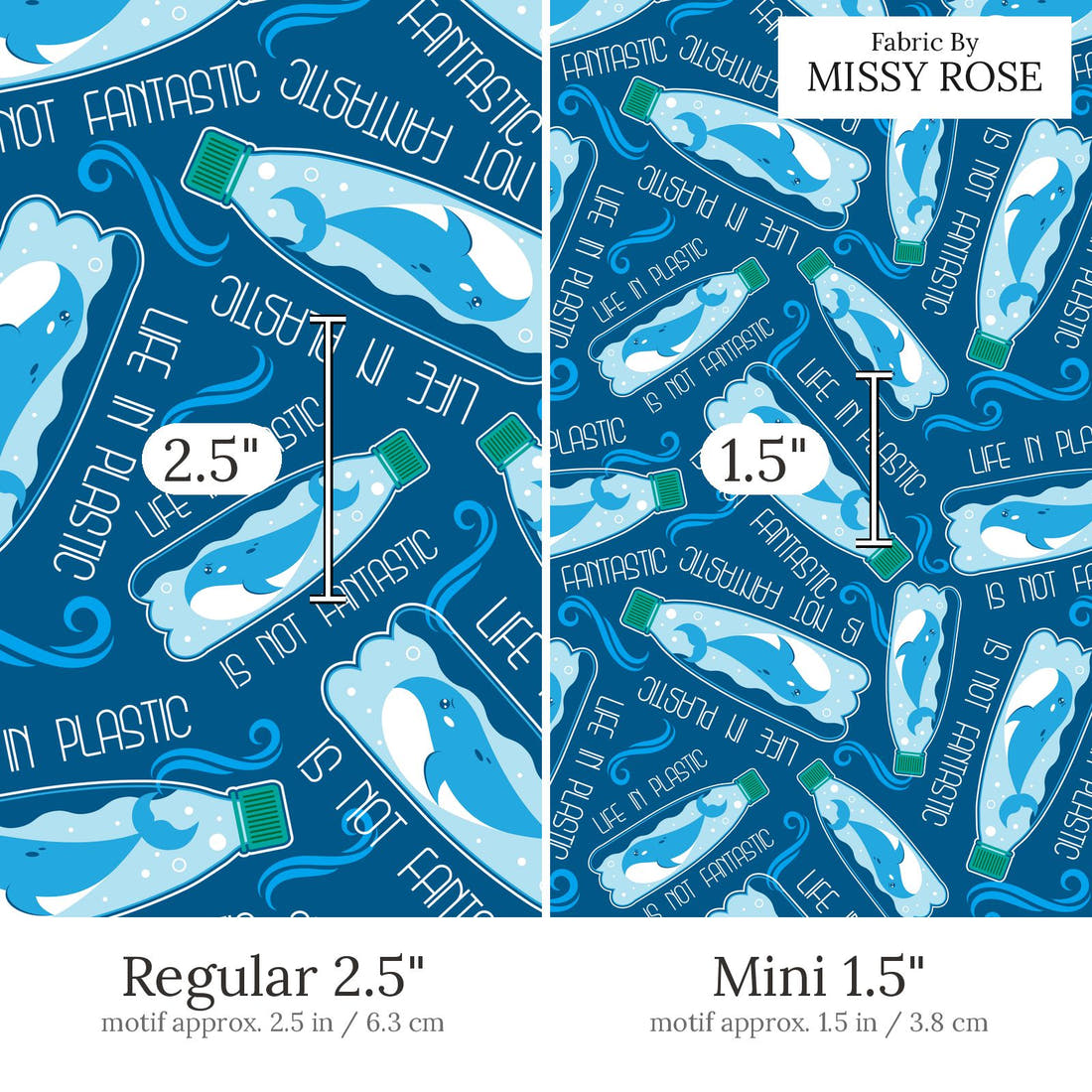 Design 802 Plastic Fabric Regular 2.5 inch vs Mini 1.5 inch print scale side by side | Fabric by Missy Rose