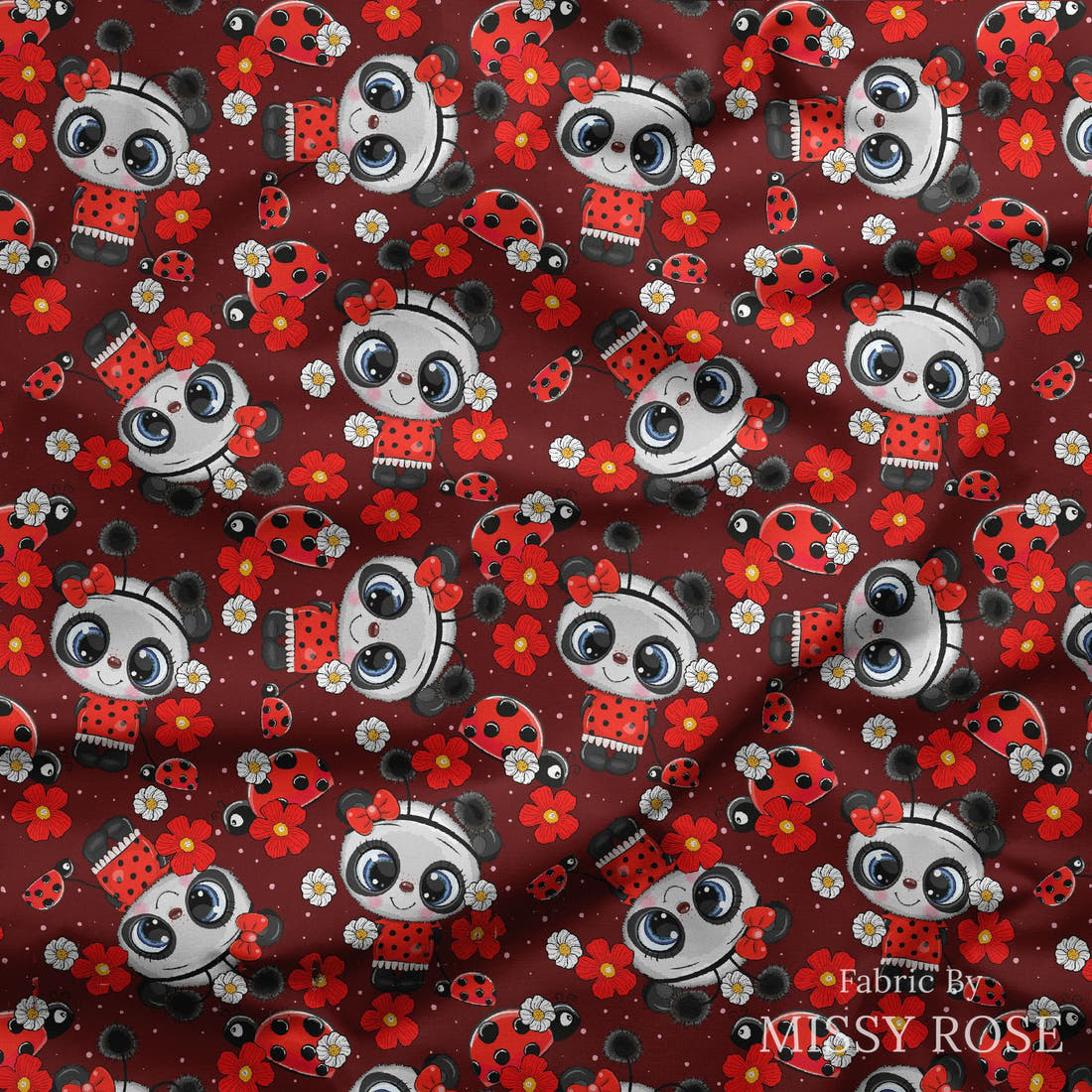 Design 803 Panda Bug Fabric draped fabric mockup – custom printed fabric by the metre | Fabric by Missy Rose