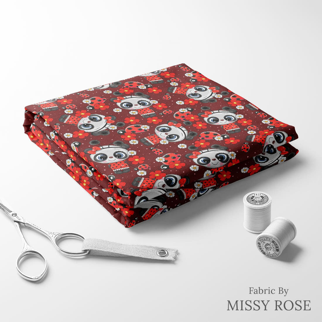 Design 803 Panda Bug Fabric folded fabric stack with matching thread – pre-order fabric Australia | Fabric by Missy Rose