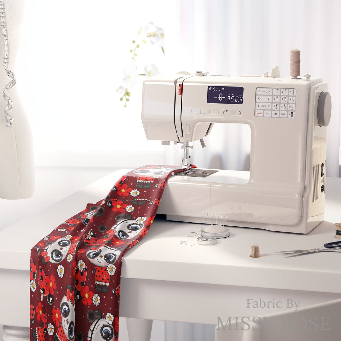Design 803 Panda Bug Fabric on a sewing machine – premium fabric for sewing projects | Fabric by Missy Rose