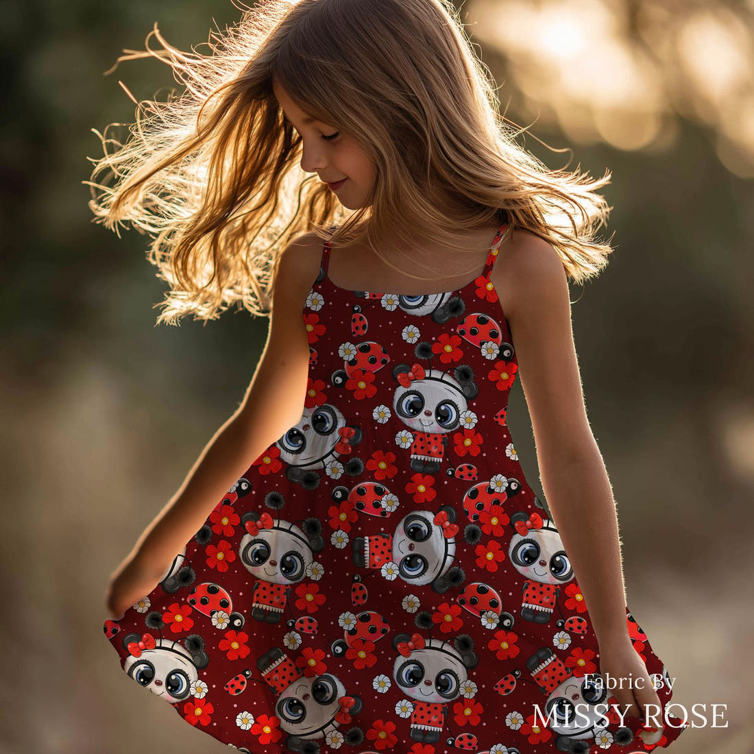 Design 803 Panda Bug Fabric sewn into a girls' dress – see how the print looks made up | Fabric by Missy Rose