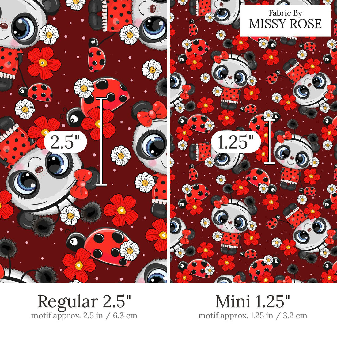 Design 803 Panda Bug Fabric Regular 2.5 inch vs Mini 1.25 inch print scale side by side | Fabric by Missy Rose