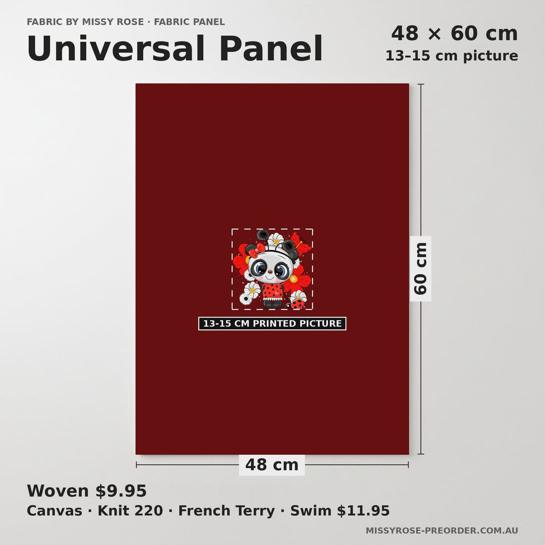 Design 803 Panda Bug Panel universal panel sizing – 13–15 cm printed picture on 48 × 60 cm fabric | Fabric by Missy Rose