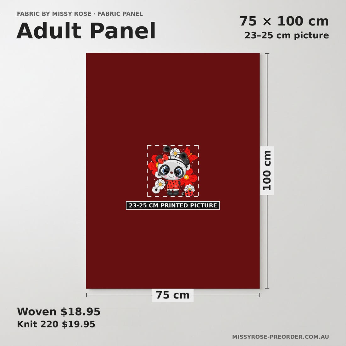 Design 803 Panda Bug Panel adult panel sizing – 23–25 cm printed picture on 75 × 100 cm fabric | Fabric by Missy Rose